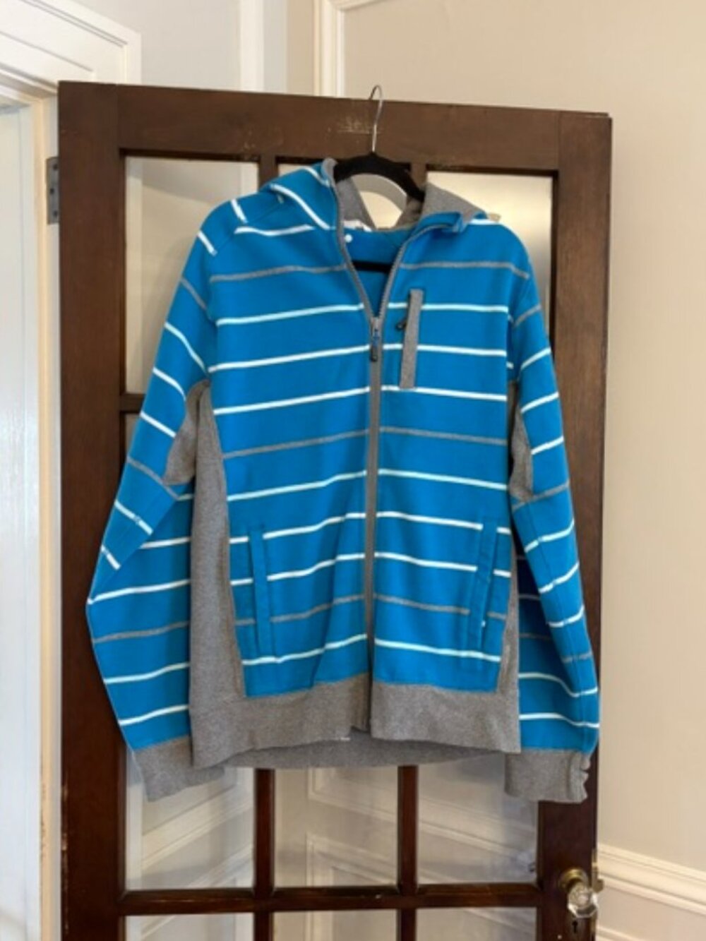 Lululemon Scuba Hoodie in Blue with White and Gray Stripes, Size Large